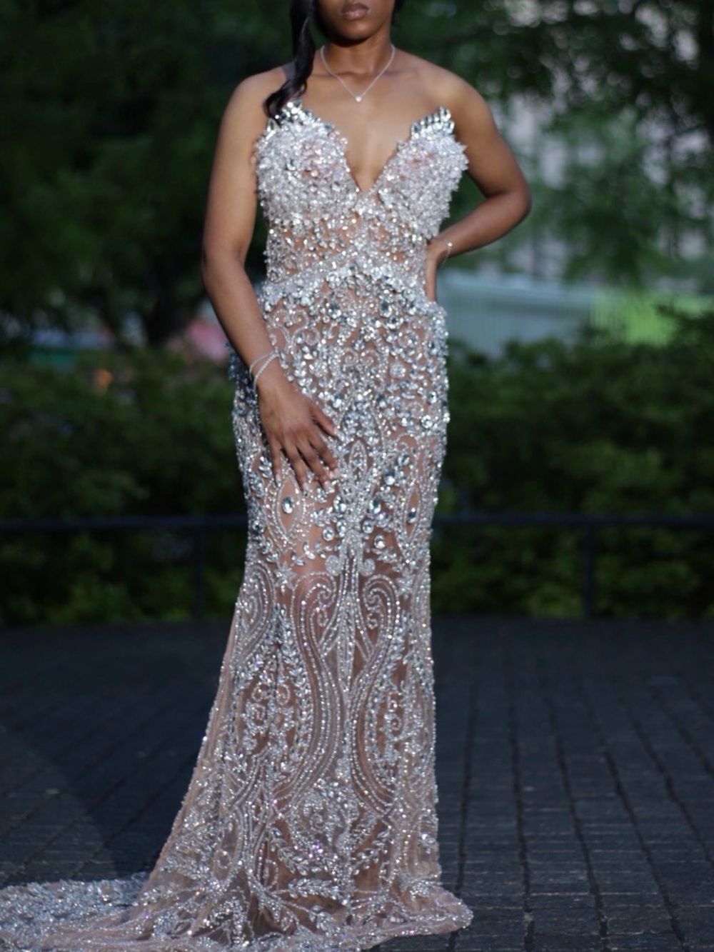 Embellished Nude Illusion Evening Gown